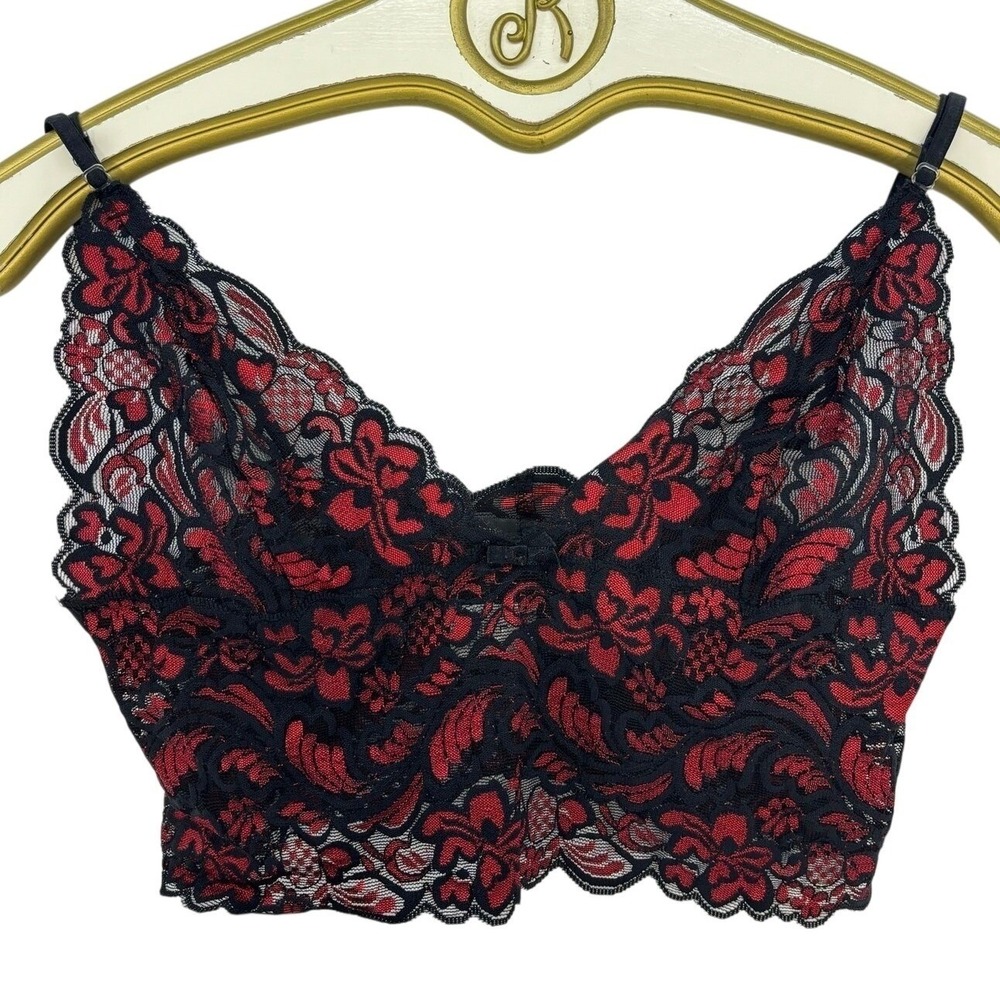Frederick's of Hollywood Lace Bralette L Black Red Floral Whimsigoth Dark Fairy